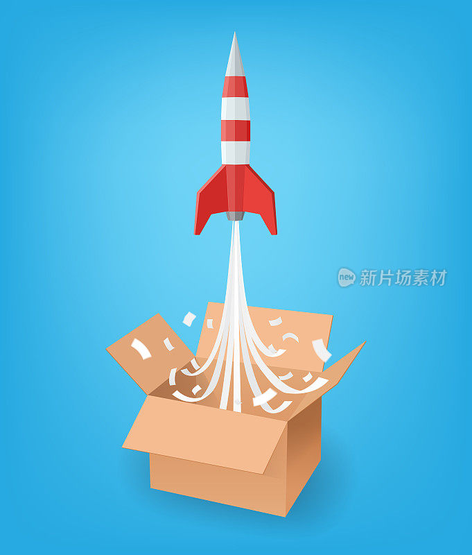 纸制艺术风格的火箭从蓝色背景的开箱飞起，思考盒子外的经营理念