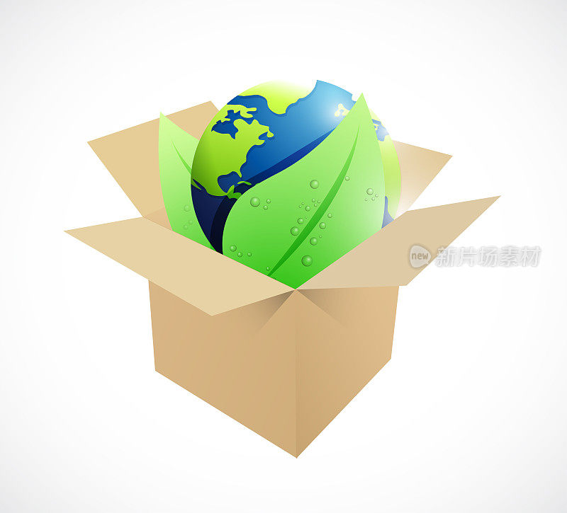 Globe和叶子在一个棕色的盒子里