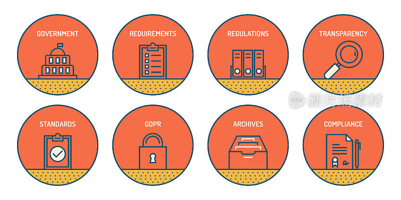 合规相关的线条图标集。简单的轮廓图标。
