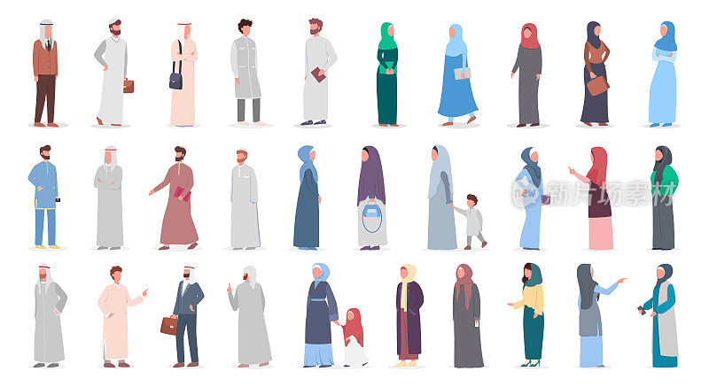 大穆斯林人设置。阿拉伯女子和男子在不同的服装和传统收集