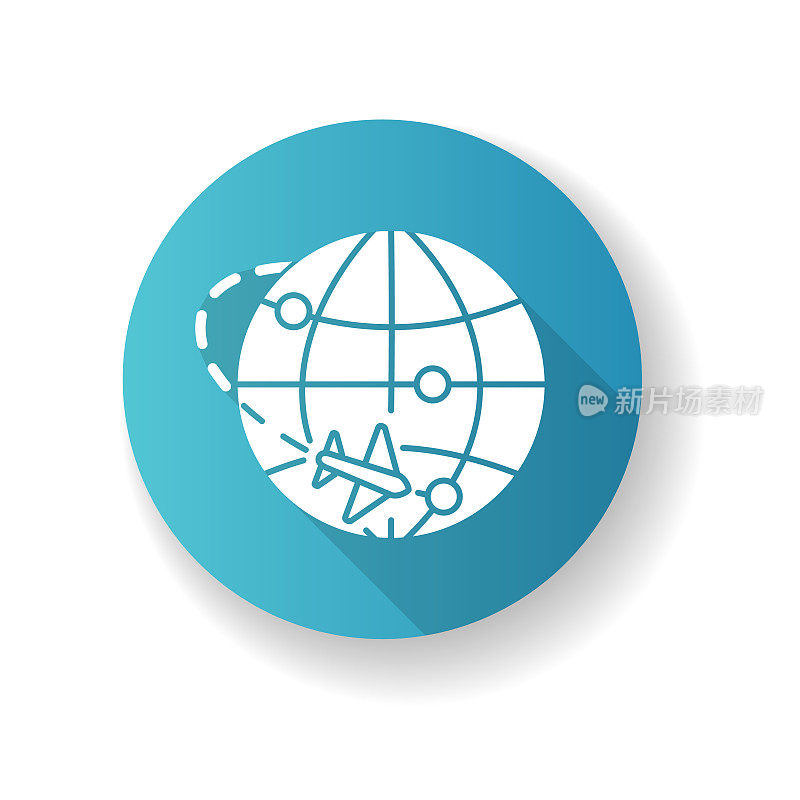 国际贸易蓝色平面设计长阴影字形图标。进出口、物流、航空邮件及包裹派递。商业，贸易，国际市场地图。剪影RGB彩色插图