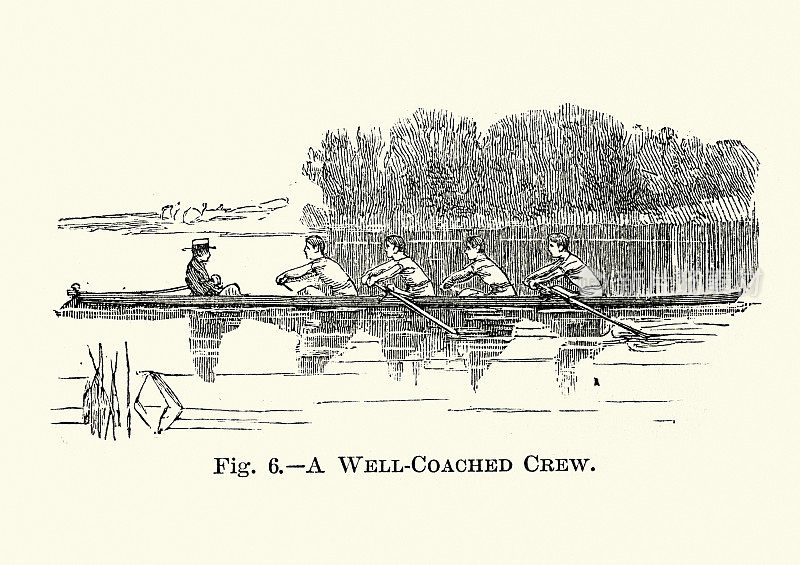 四人划艇，训练有素的队员，维多利亚19世纪的体育运动