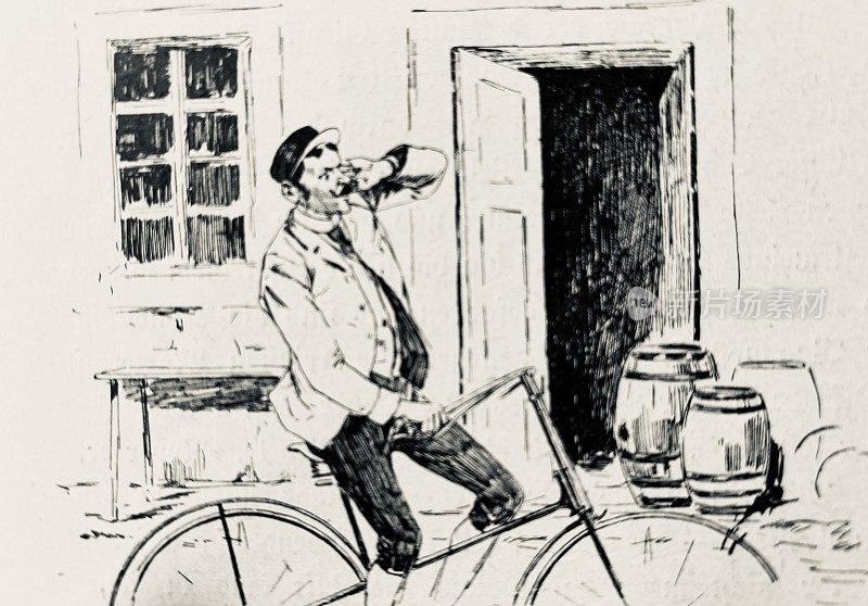 骑自行车的人经过一扇开着的门和啤酒桶