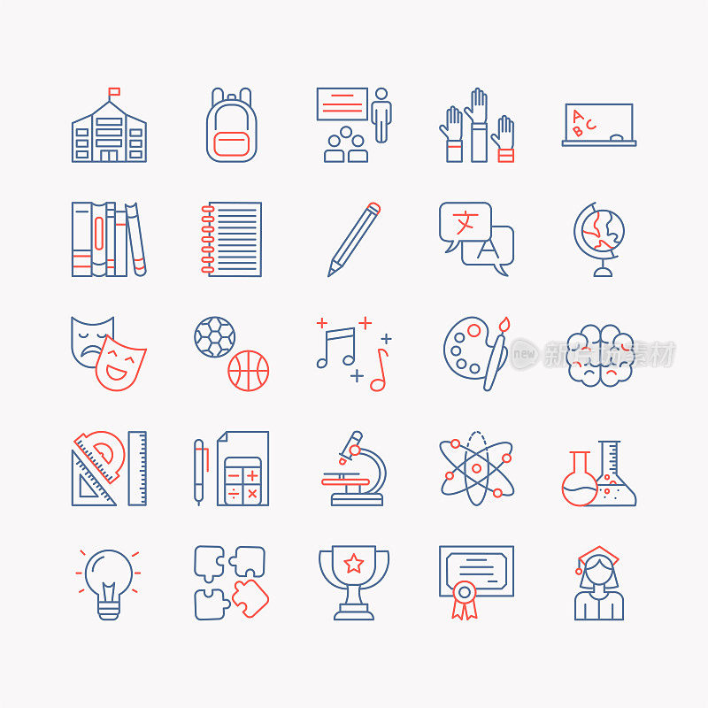 教育-细线矢量图标设置。