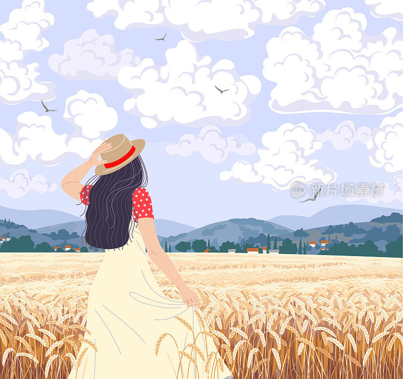 梦幻女郎漫步在成熟的麦穗间