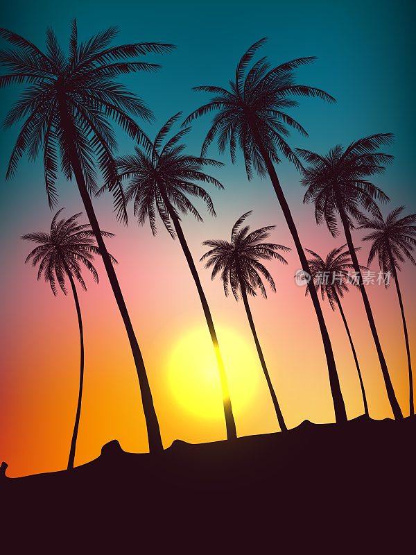夕阳下的热带棕榈树。高大棕榈树的剪影。晚上热带景观。渐变颜色。矢量插图。每股收益10