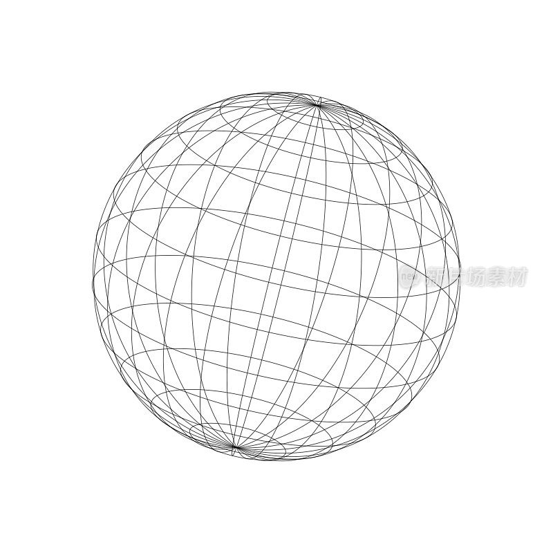 矢量线框球体。三维地球模型与子午线和平行线，或纬度和经度。