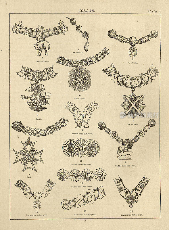中世纪衣领和奖章的例子，金羊毛，嘉德，约克王朝的太阳和玫瑰，兰开斯特