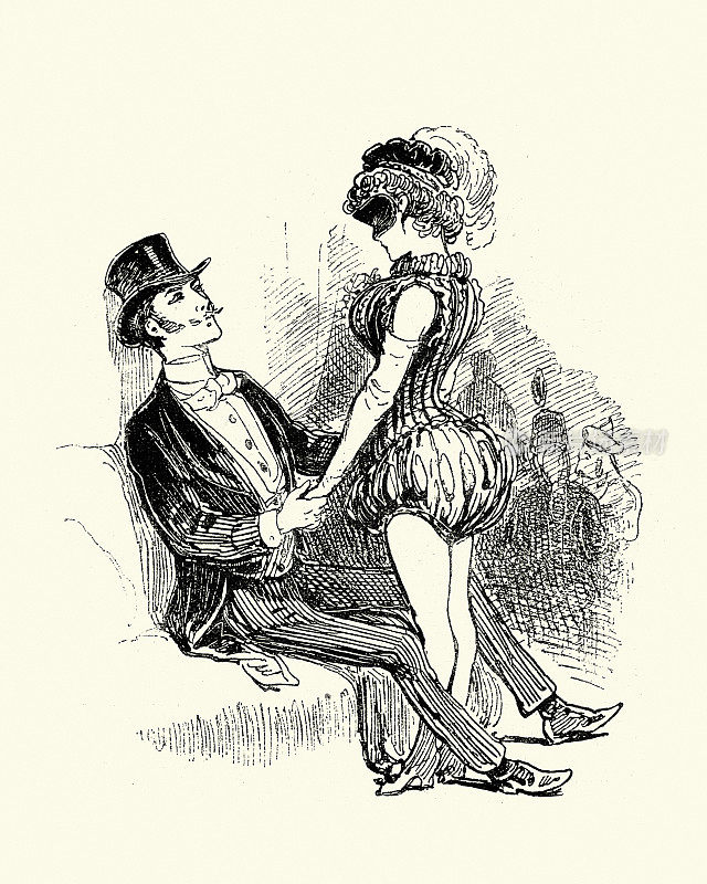 19世纪，维多利亚时代的颓废时期，衣装光鲜的男人和穿着花哨的女人调情