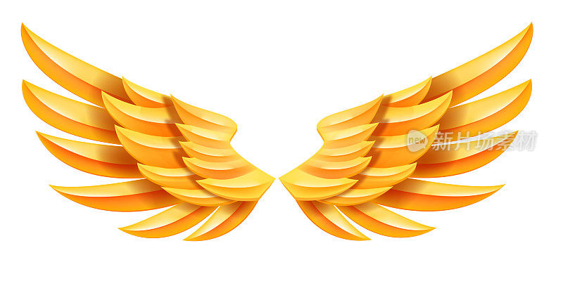 天使金色矢量翅膀插画，梦幻抽象鹰奢侈象征，天堂自由象征。