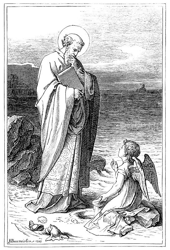 天使在海岸上探访使徒圣保罗。圣经,新约。古董古董画
