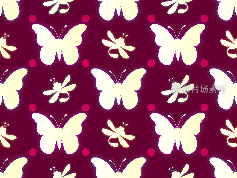 无缝明亮的插图-蝴蝶和蜻蜓的轮廓。