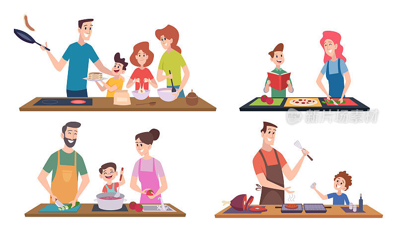 家庭烹饪。幸福的夫妇和孩子花时间在厨房准备食物，上菜，洗餐具，准确的向量微笑的字符