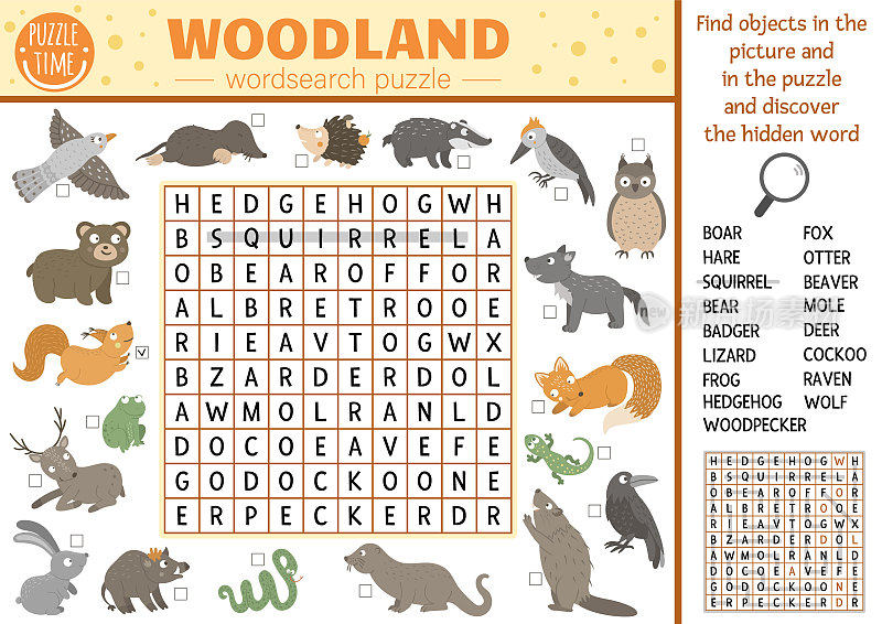 向量森林动物和鸟类字谜为孩子。简单的森林纵横字谜与狐狸，熊，猫头鹰，松鼠的孩子。教育关键词活动与獾，海狸，蛇，鹿，野猪。