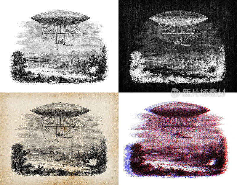 科学发现的古董插图，气球，热气球和飞艇
