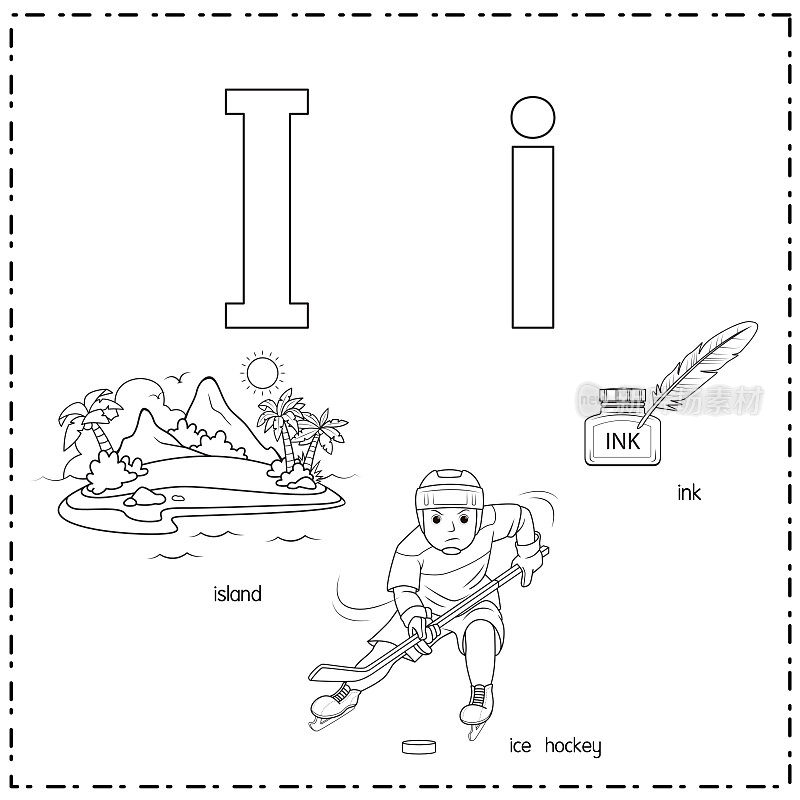 向量插图学习字母I的小写和大写的儿童与3卡通图像。岛屿冰球墨水。