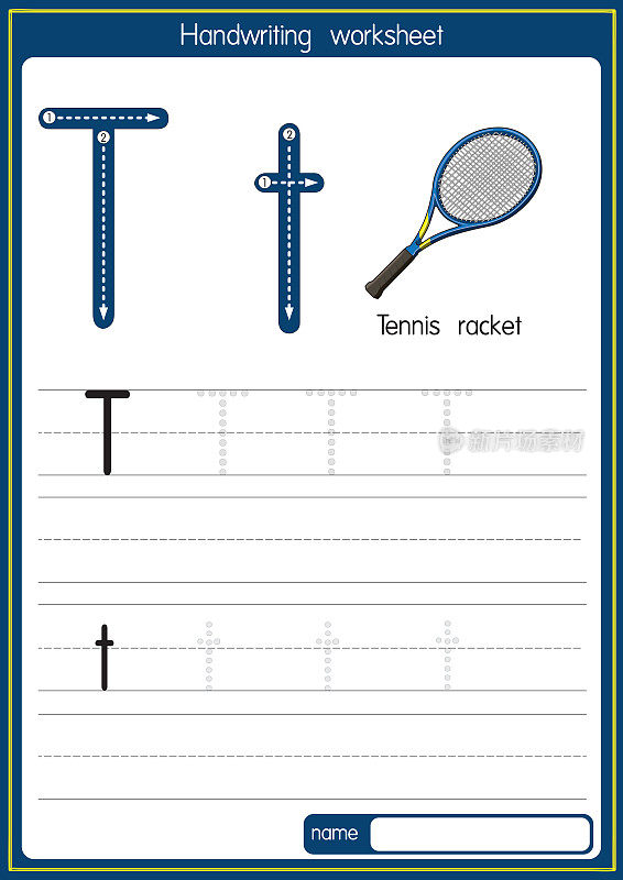 矢量插图网球拍与字母T大写字母或大写字母的儿童学习练习ABC