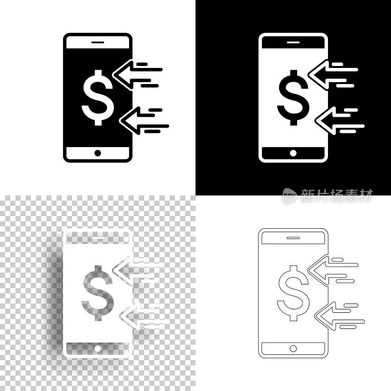 用智能手机接收美元。图标设计。空白，白色和黑色背景-线图标