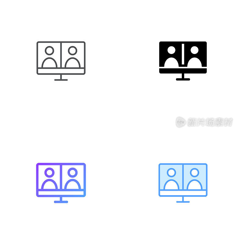 在线会议图标设计在四种风格与可编辑的笔画。线，实线，平线和颜色梯度线。适用于网页、移动应用、UI、UX和GUI设计。