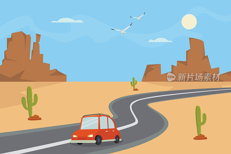一辆红色轿车在沙漠的高速公路上行驶
