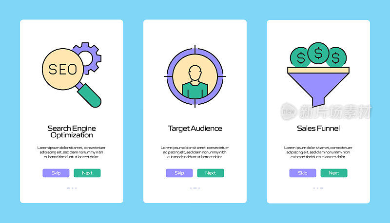 搜索引擎优化概念Onboarding移动应用程序页面屏幕与平面图标。用户体验，UI设计模板矢量插图