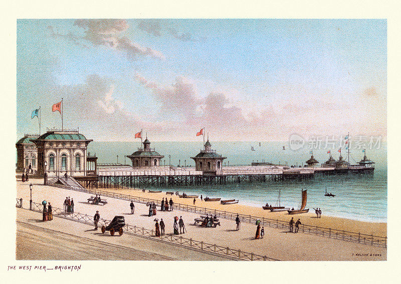 西码头，布莱顿，东苏塞克斯，海滨度假胜地的经典插图。19世纪维多利亚时代,