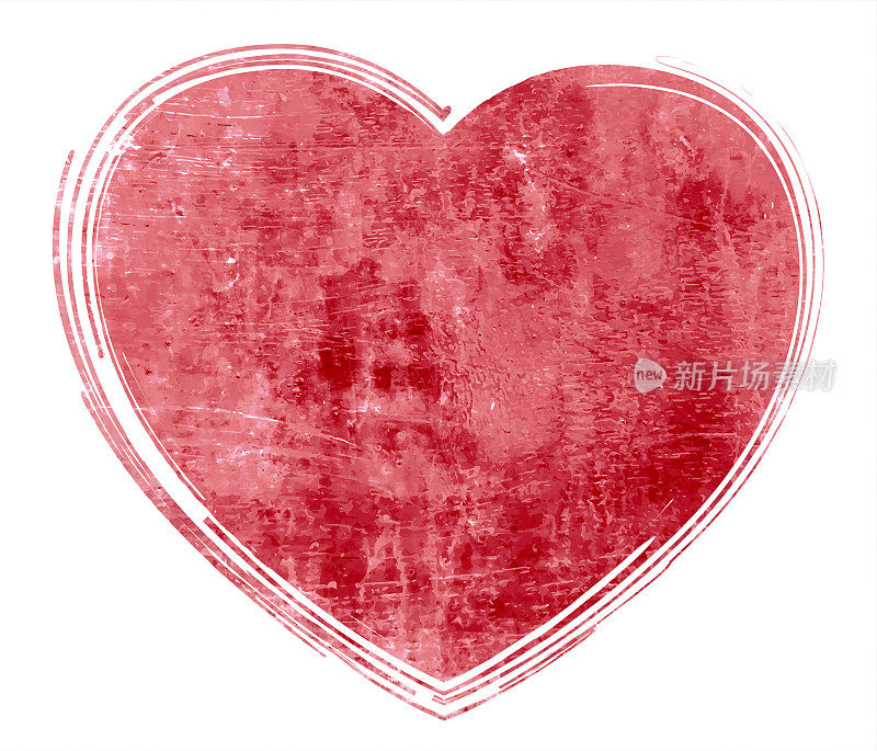 旧水平乡村肮脏风化的grunge墙壁纹理效果一个大明亮的红色心脏在白色矢量背景或墙纸