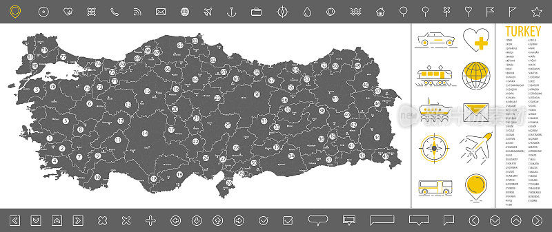 土耳其详细的单色地图，白色背景上的地理边界和行政区划的灰色国家领土，旅行图标集，矢量插图