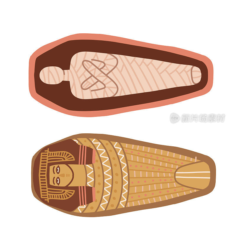 石棺中的古埃及木乃伊。女尸木乃伊化后，象征来生。两件打开的石棺。来自埃及的古老艺术。平面矢量插图孤立在白色背景