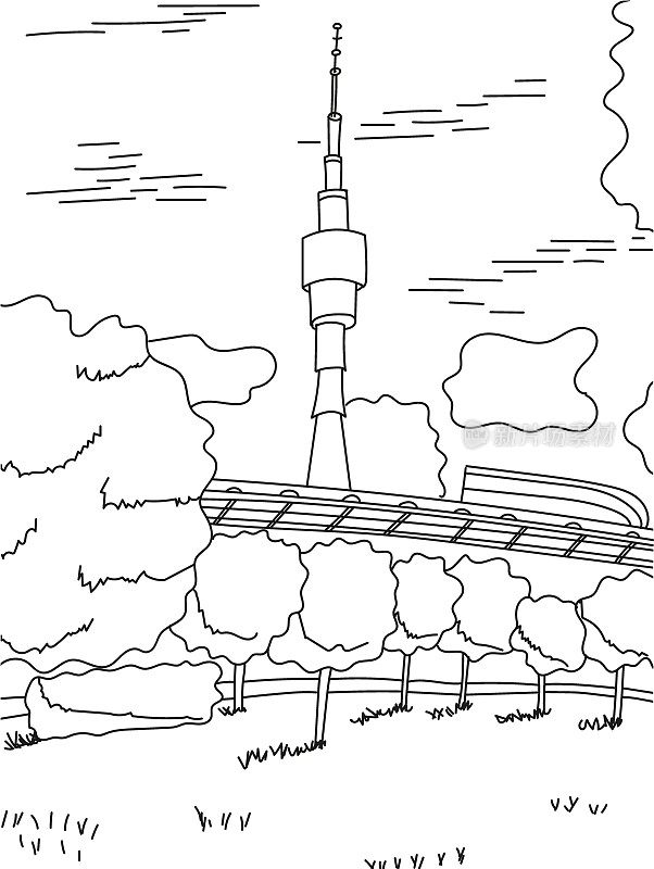 莫斯科。奥斯坦金诺电视塔。矢量插图在一个平坦的风格为明信片和横幅。