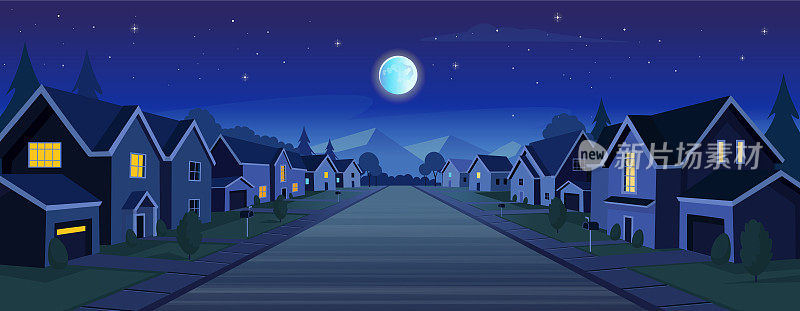 郊区的房子，夜晚的街道上有带车库的小屋。一条有绿树的房子的街道和视野中的道路。村庄。矢量插图在卡通风格。