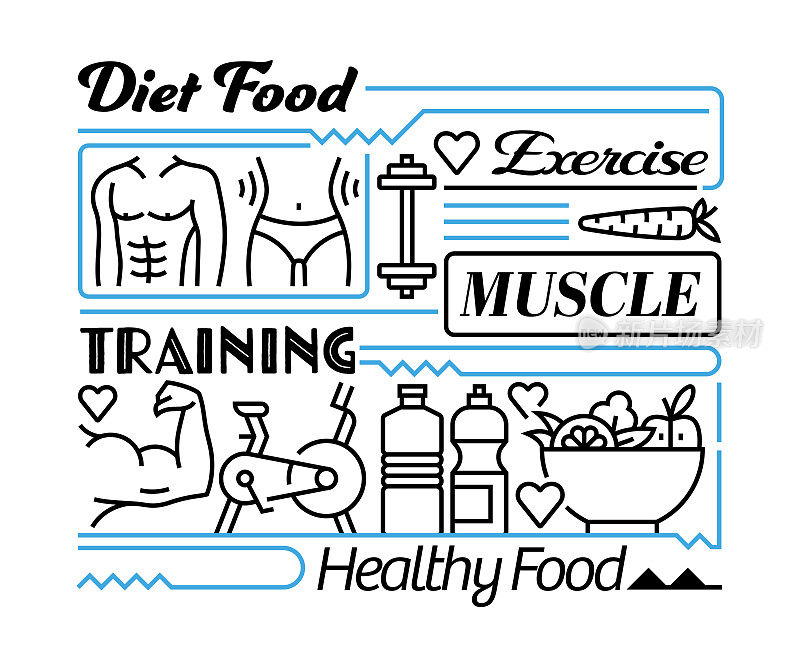 健身与健康的对象和要素。线条图标插图集合。图标设置或标题模板。