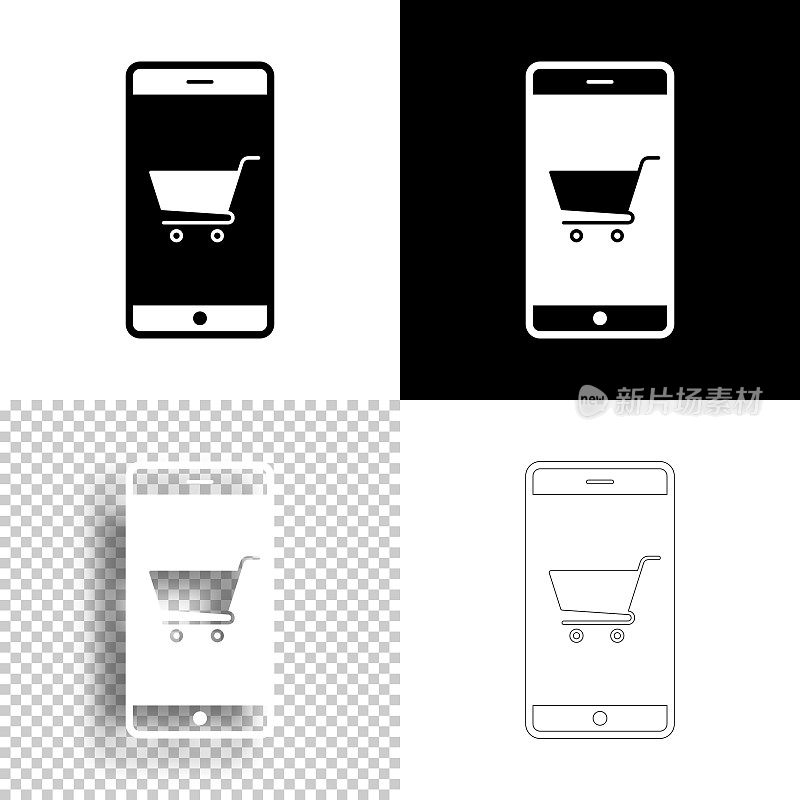 用智能手机在线购物。图标设计。空白，白色和黑色背景-线图标