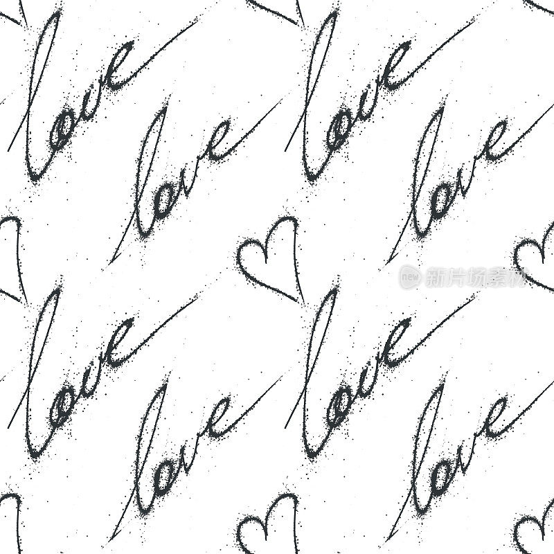 情书，刻字情书，黑白无缝图案手绘墨水，情人节背景