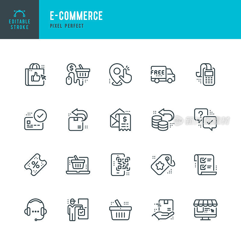 电子商务-细线矢量图标集。像素完美。可编辑的中风。该套装包含图标:网上购物，电子商务，家庭购物，送货上门，信用卡读卡器，购物篮，送货车。