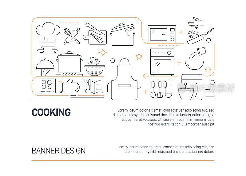 烹饪相关的矢量旗帜设计概念，与图标的现代线条风格