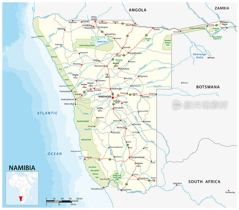 详细的矢量道路和纳米比亚国家公园地图