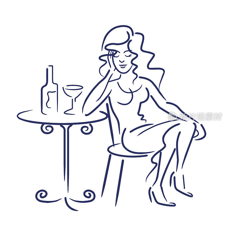 程式化的绘图女士等待坐在旁边的桌子的食品和饮料设施