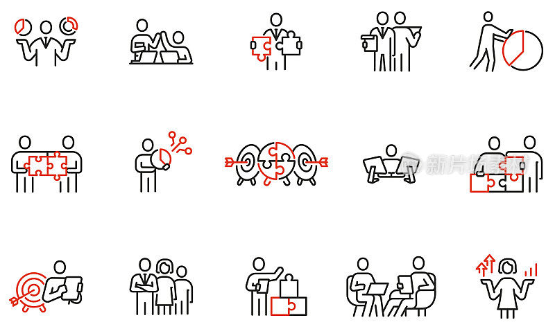 与商业领导、关系、人力资源管理、合作和团队工作相关的线性图标向量集。单行象形图和信息图形设计元素。第2部分