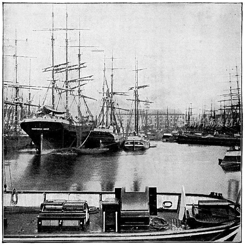 19世纪，比利时安特卫普安特卫普港的高大船只