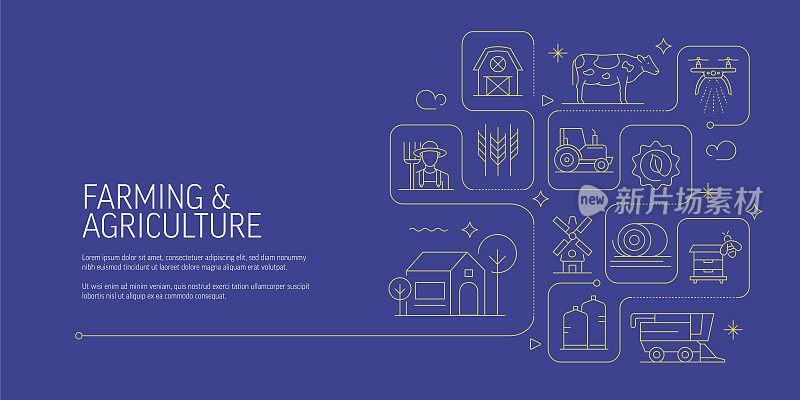 农业和农业相关矢量横幅设计概念，现代线条风格与图标