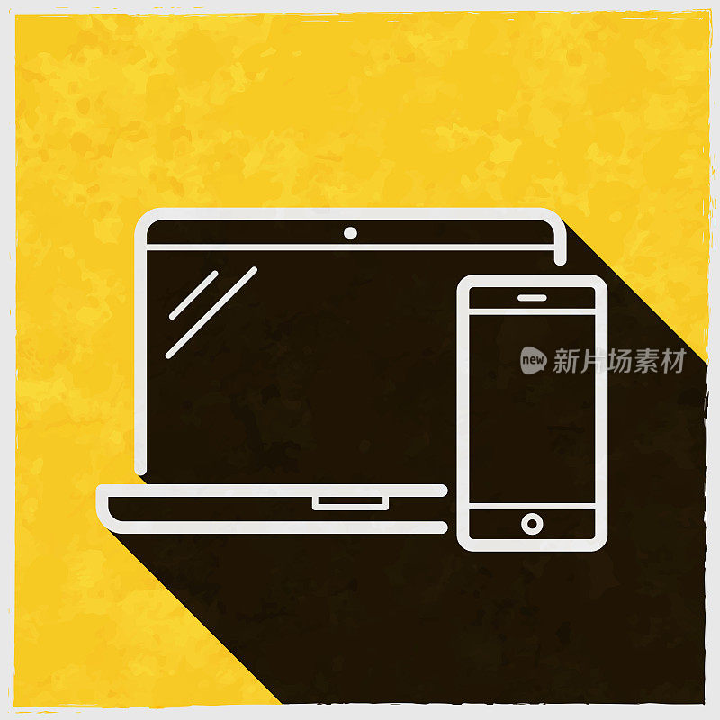 笔记本电脑和智能手机。图标与长阴影的纹理黄色背景
