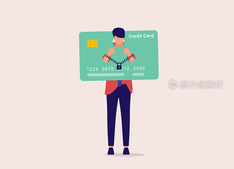 信用卡债务奴役概念。一名男子的手铐被困在信用卡形状的颈手枷中。