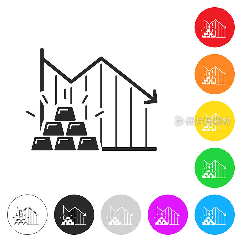 黄金价格下跌图表。彩色按钮上的图标