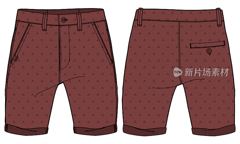 Chino服装短裤设计平面素描矢量插图，牛仔印花休闲短裤概念与前面和后面的观点，印刷步行百慕大步行短裤设计插图