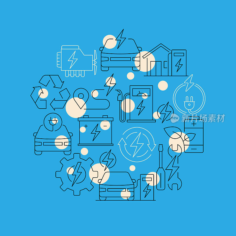 电动汽车相关设计元素。使用大纲图标的模式设计。色彩斑斓的矢量图