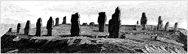 古董雕刻插图，文明:斯坦尼斯的石头，奥克尼，苏格兰