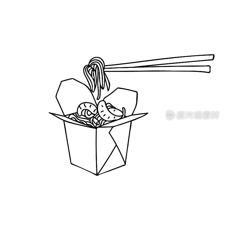 中餐外卖。日本人带走食物在vector。粉条在外卖包装上用筷子涂鸦插图。用筷子在外卖包装上手绘中餐