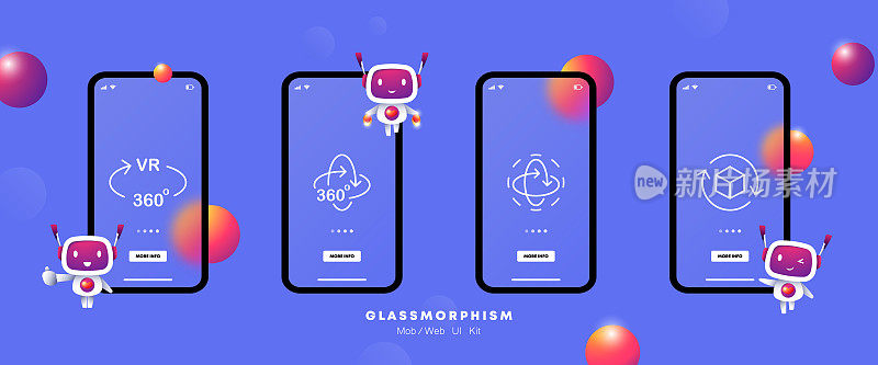 VR设置图标。虚拟现实，360度，箭头，观察角度，立方体，眼镜，电脑，空间，玩家，游戏。Metaverse的概念。Glassmorphism。UI手机应用程序屏幕。矢量线图标的业务