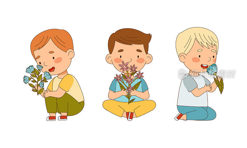 快乐的小男孩抱着和闻春天的花朵设置卡通矢量插图